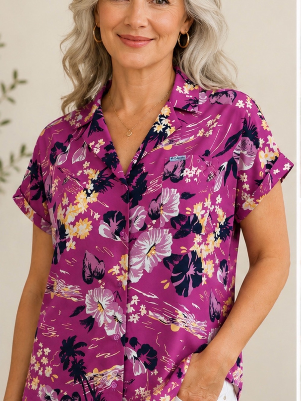 Columbia PFG Tropical Floral Hawaiian Fishing Shirt Magenta Purple, M